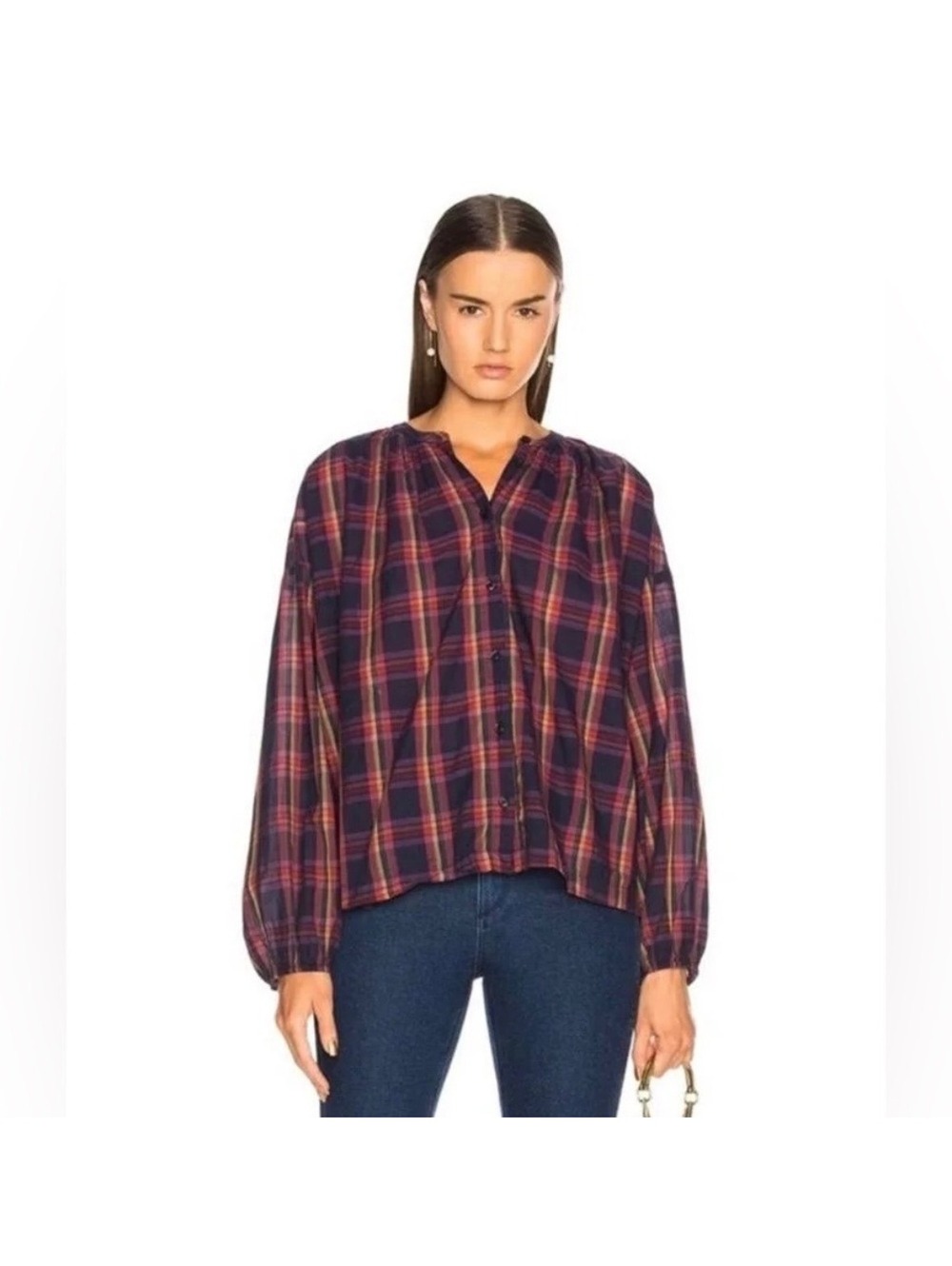 The Great. $225 Women's L Plaid Button-Up Wide Shirt, Size 3 Large, 100% Cotton